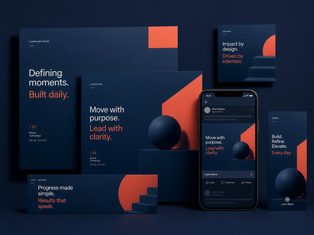 Concept project: navy and coral advertising creative set across social and banner formats